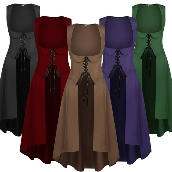 SEAOPEN Women Renaissance Dress Underbust Medieval Pirate Peasant Overdress Lace Up Corset Dress Halloween Cosplay Costume Red,S