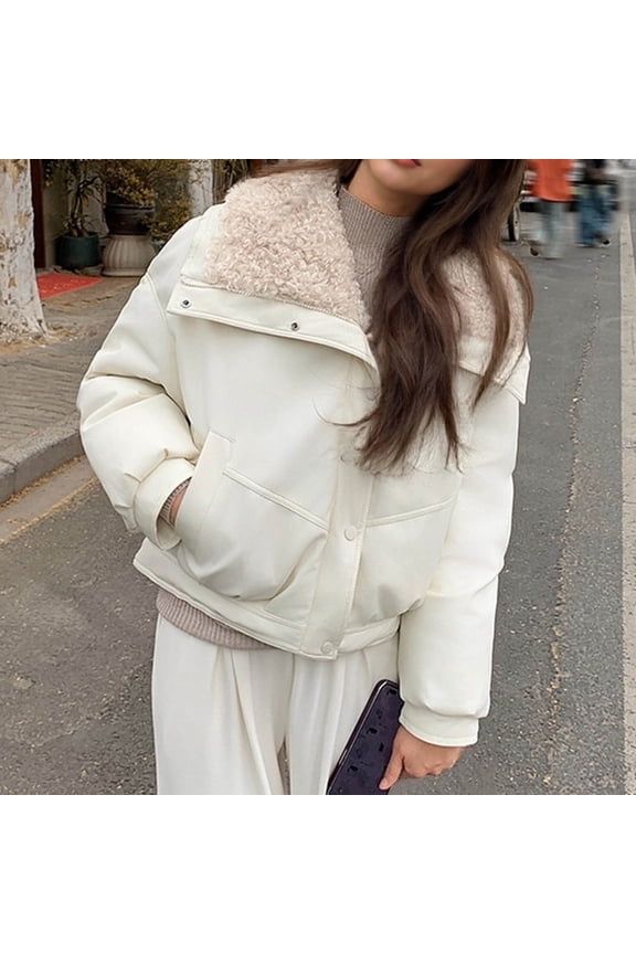 Women Sherpa Lined Coat Winter Leather Coat Outerwear Faux Shearing Moto Bomber Jacket White M