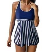 SEAOPEN Women Tankini Swimsuits Stripes Printed 2 Piece Bathing Suits Tank Top with Boy Shorts Swimwear Boy Shorts Swimwear Prime Day Deals 2024 Blue XL