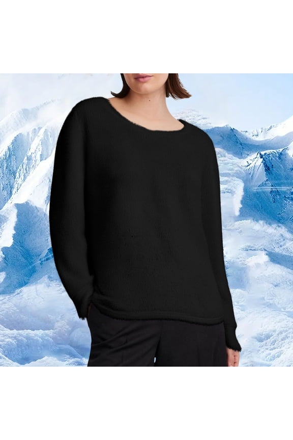 Women Winter Warm Sherpa Lined Fleece Crewneck Sweatshirt Pullover Loungewear Tunic Tops Black XXL