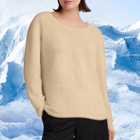 SEAOPEN Women Winter Warm Sherpa Lined Fleece Crewneck Sweatshirt Pullover Loungewear Tunic Tops Khaki M