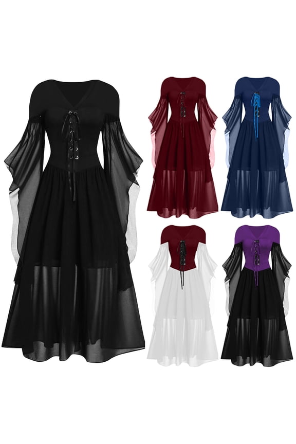 Women Witch Dress Renaissance Medieval Vampire Costume Lace Up Halloween Dresses Butterfly Sleeve Mesh Gothic Dress Black,M