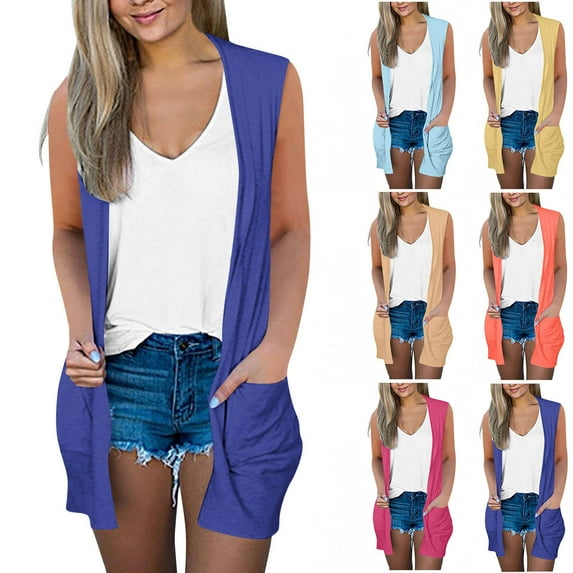 SEAOPEN Women's 2025 Sleeveless Cardigan Sweaters Fashion Casual Soft Knit Office Duster Vests with Cozy Pockets Hot Pink,L