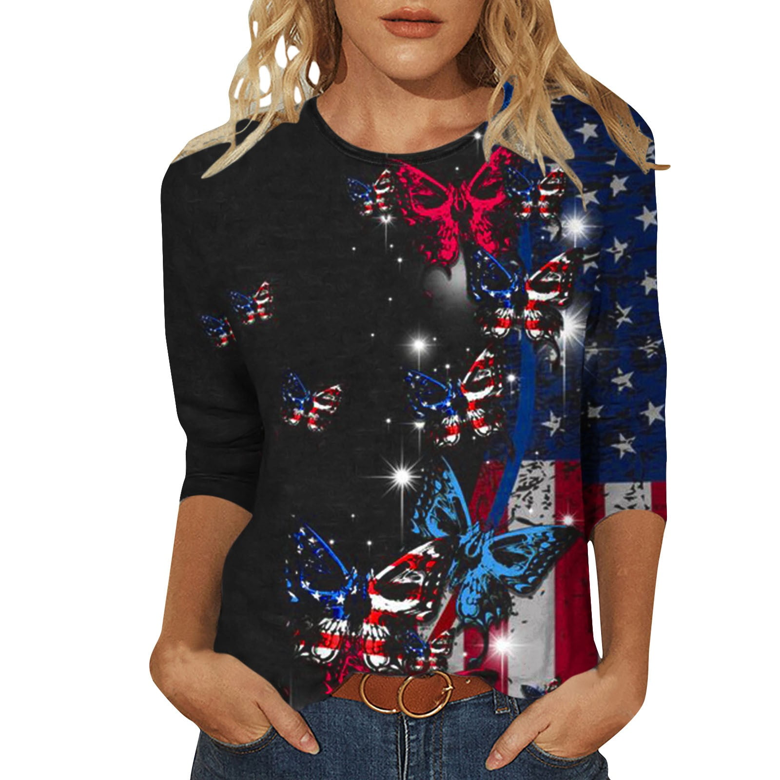 SEAOPEN Women's American Flag 3/4 Sleeve TShirt Patriotic Shirts 4th