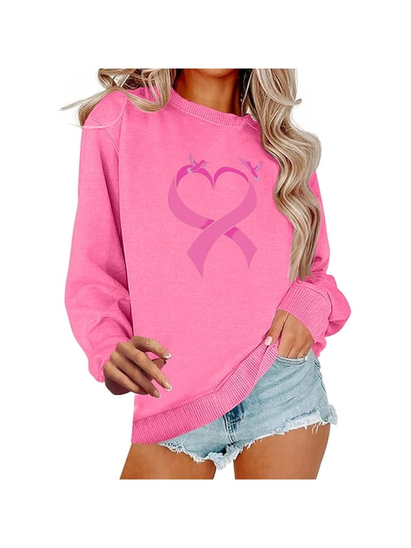 Women's Breast Cancer Long Sleeve Shirts Pink Ribbon Graphic Tees Cancer Awareness Support Gift Pink XS