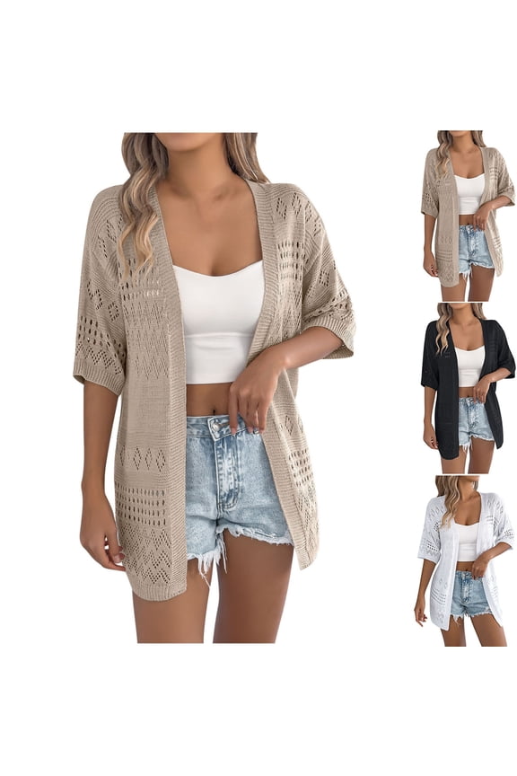Women's Crochet Cardigan Boho Long Sleeve Lightweight Soft Oversized Open Front Knitted Sweater Khaki,M