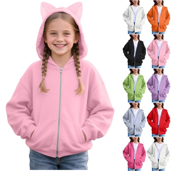 SEAOPEN Women's Cute Bear Ear Hat Hoodie Sweatshirt Girls Outwear Bear Pattern Zipper Up Long Sleeve Tops Black 160