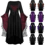 SEAOPEN Women's Gothic Victorian Witch Vampire Dress Medieval Renaissance Dress Lace Trumpet Sleeve Cosplay Halloween Costume Black,L