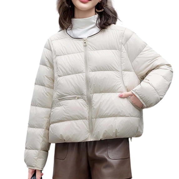 SEAOPEN Women's Lightweight Puffer Jacket Hooded Winter Coat Packable Down Jacket Beige S
