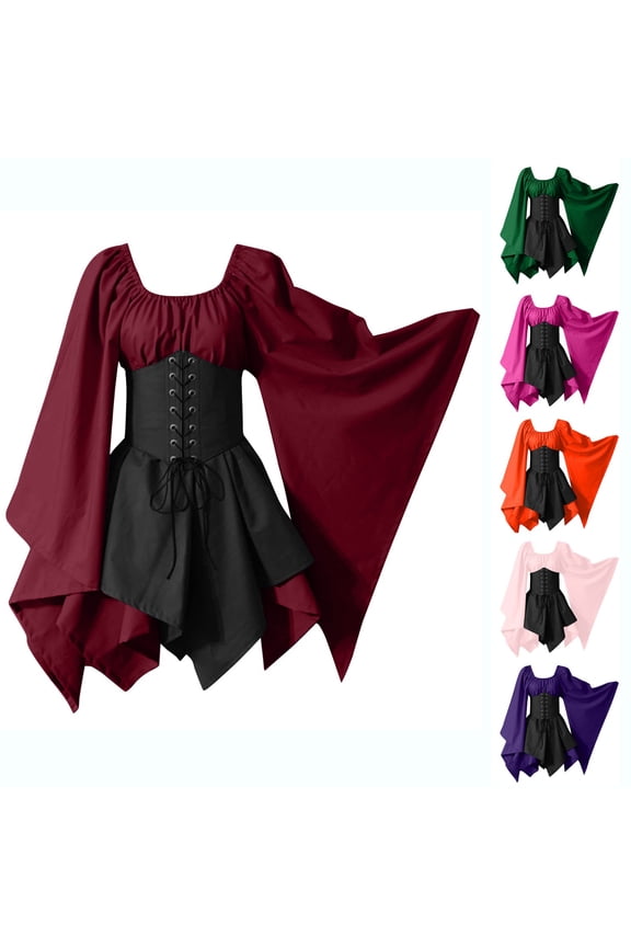 Women's Medieval Renaissance Dress Fairy Elf Irish Victorian Gothic Dresses Halloween Costume Lace Up Corset Dress Purple,S