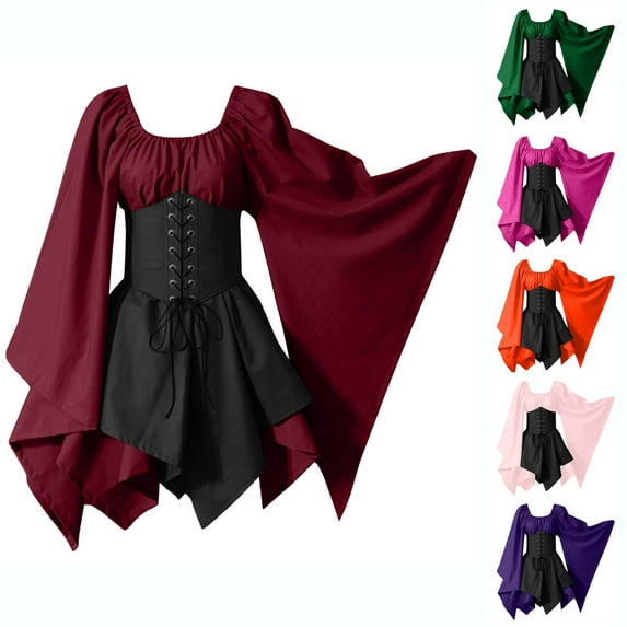 SEAOPEN Women's Medieval Renaissance Dress Fairy Elf Irish Victorian Gothic Dresses Halloween Costume Lace Up Corset Dress Wine,S