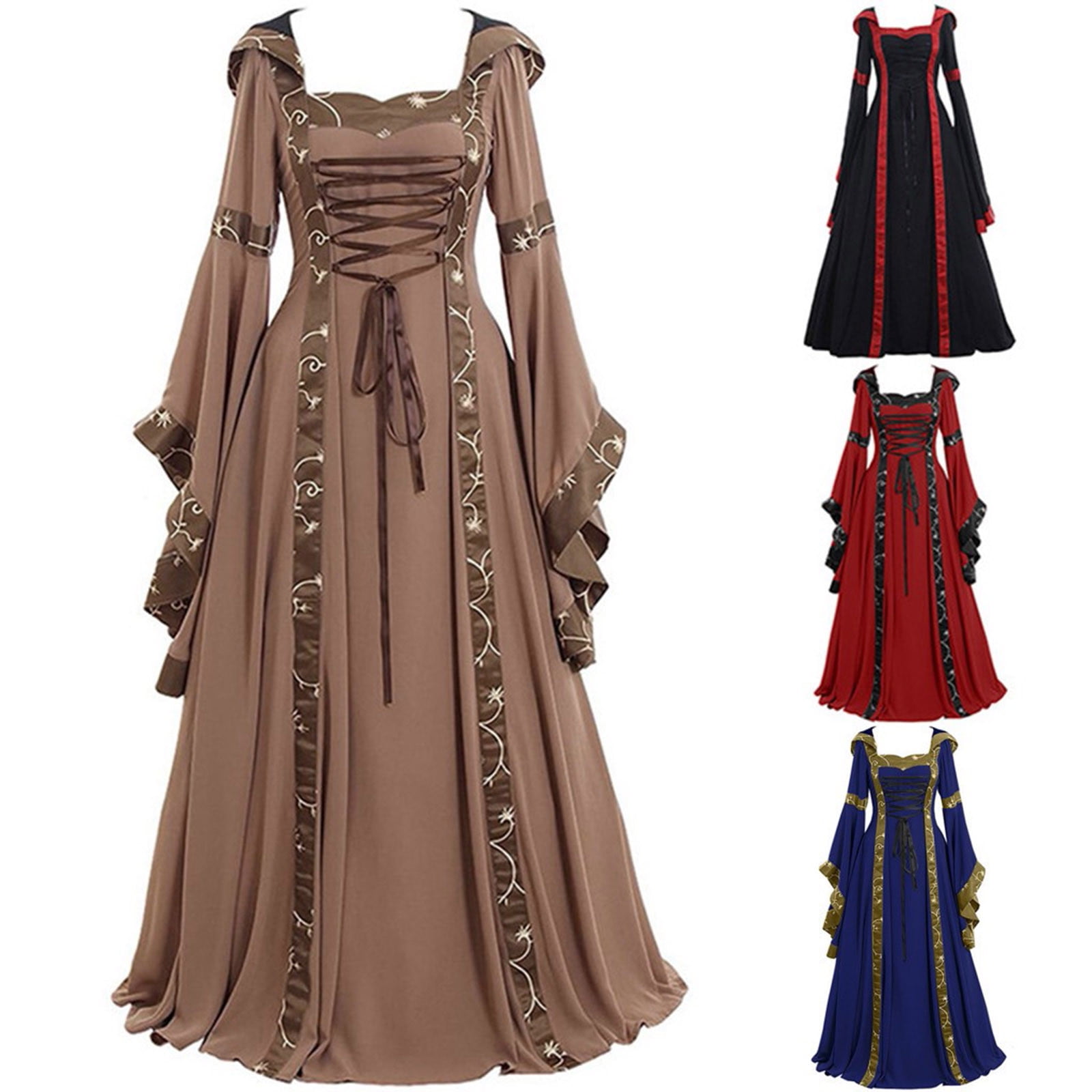 SEAOPEN Women's Medieval Renaissance Dress Plus Size Hooded Queen Dress  Lace Up Trumpet Sleeve Maxi Dress Halloween Costume Khaki,M - Walmart.com