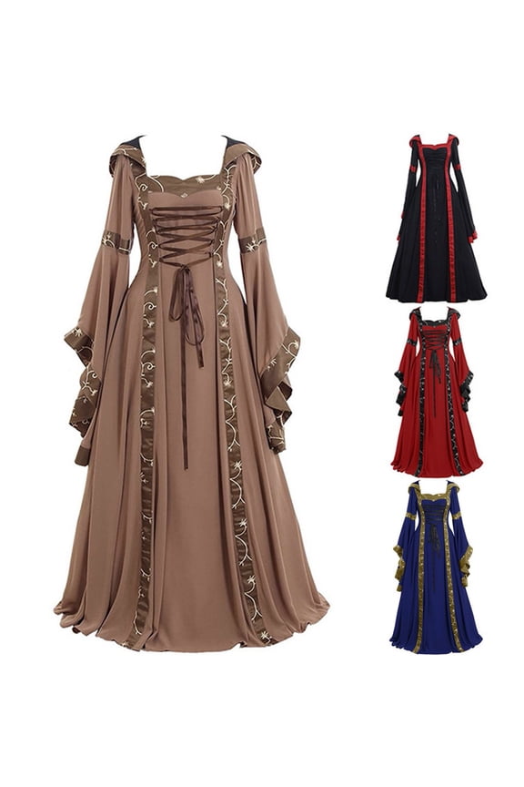 Women's Medieval Renaissance Dress Plus Size Hooded Queen Dress Lace Up Trumpet Sleeve Maxi Dress Halloween Costume Khaki,XL
