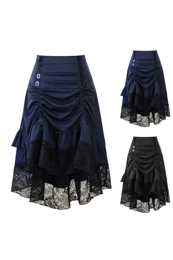 Women's Renaissance Skirt with Lace Drawstring High Waist Gothic Skirts Asymmetrical Pirate Costume Outfits 2025 Black,XXL