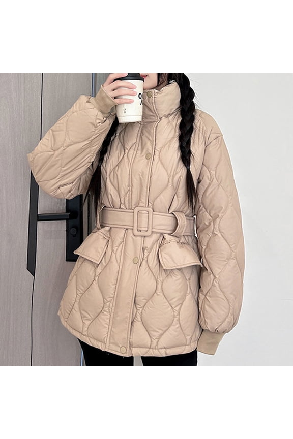 Womens Adjustable Drawstring,Warm And Comfortable Quilted Puffer Jacket Hooded Khaki M