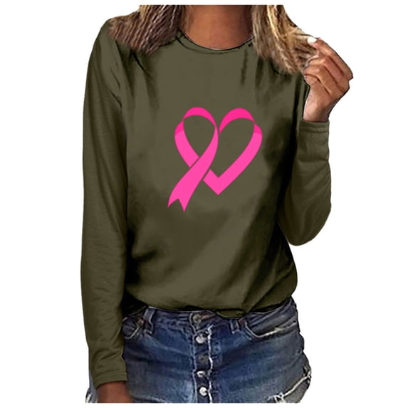 SEAOPEN Womens Breast Cancer Long Sleeve Shirts Pink Ribbon Graphic Tees Cancer Awareness Support Gift Army Green L