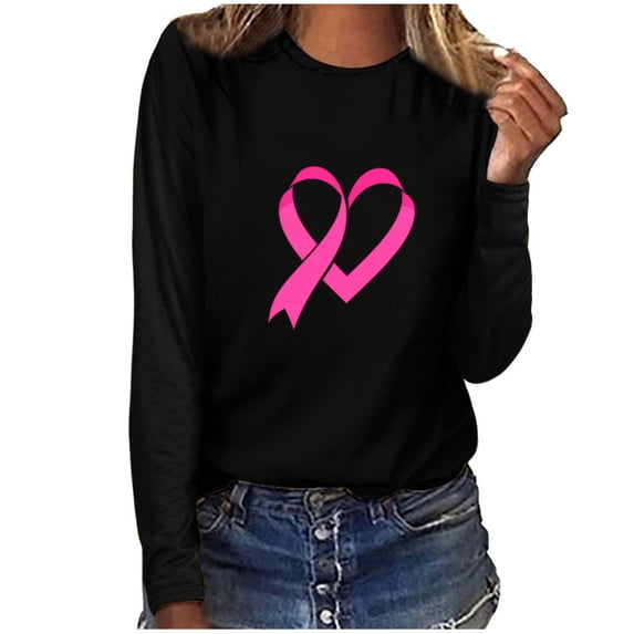 SEAOPEN Womens Breast Cancer Long Sleeve Shirts Pink Ribbon Graphic Tees Cancer Awareness Support Gift Black S