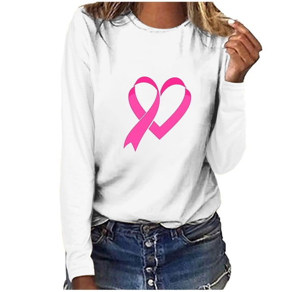 SEAOPEN Womens Breast Cancer Long Sleeve Shirts Pink Ribbon Graphic Tees Cancer Awareness Support Gift White L