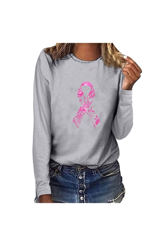 Womens Breast Cancer Shirts Pink Ribbon Breast Cancer Awareness Tshirt Long Sleeve Hope Top Gray L