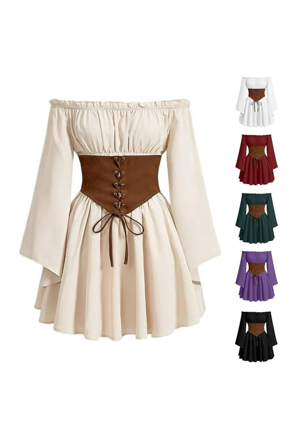 Womens Corset Dress Medieval Renaissance Dresses Off Shoulder Bell Sleeve Victorian Gothic Costume Lace-Up Dress Beige,M