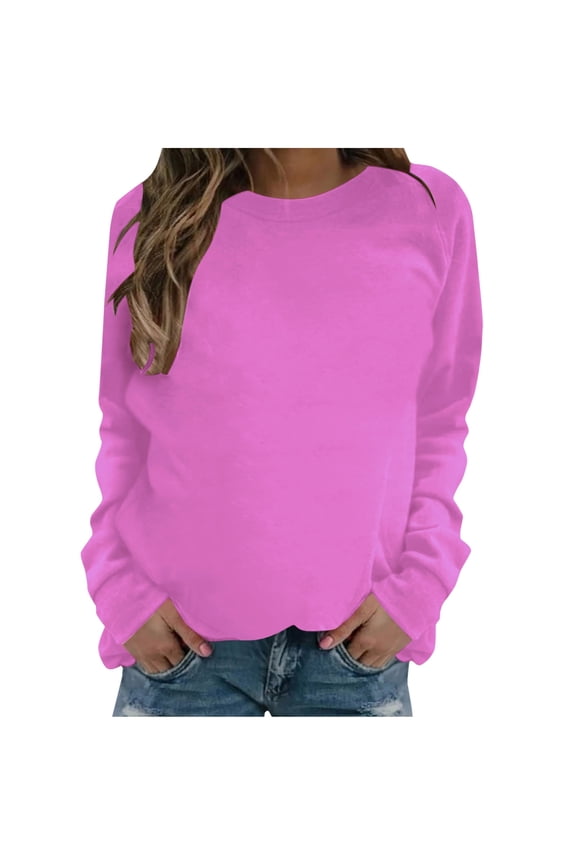 Womens Fashion Crewneck Sweatshirts 2024 Fall Long Sleeve Tops Oversized Pullover Workout Sweatshirt December Hot Pink,L