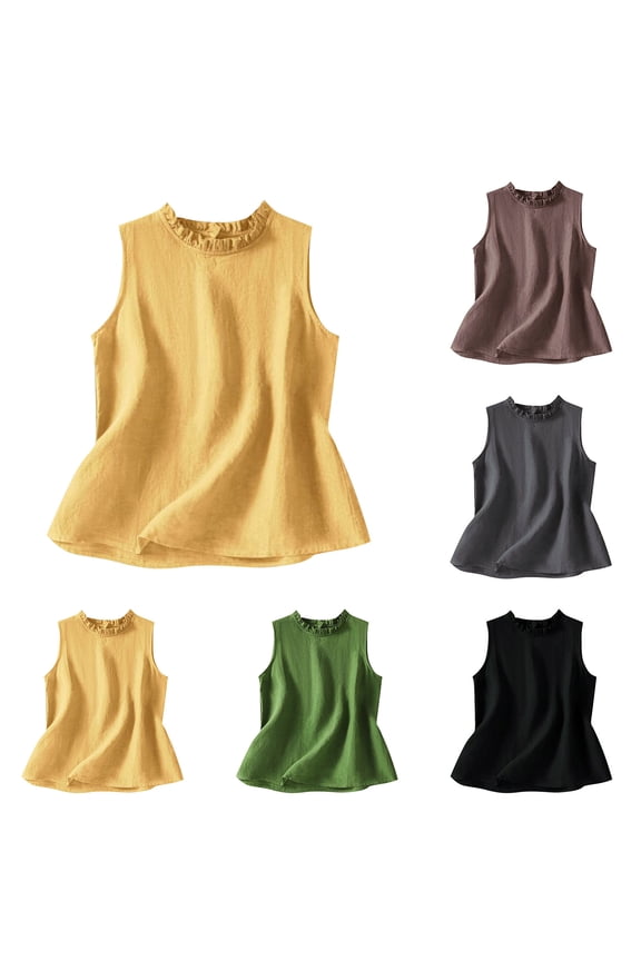 Womens Linen Crop Tank Tops Cute Summer Sleeveless Cropped Cotton Linen Tops Black,XXXL