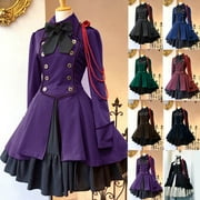 SEAOPEN Womens Lolita Gothic Dress with Vintage Bow Ruffle Steampunk Dresses Plus Size Long Sleeve Renaissance Dress Cosplay Blue,M