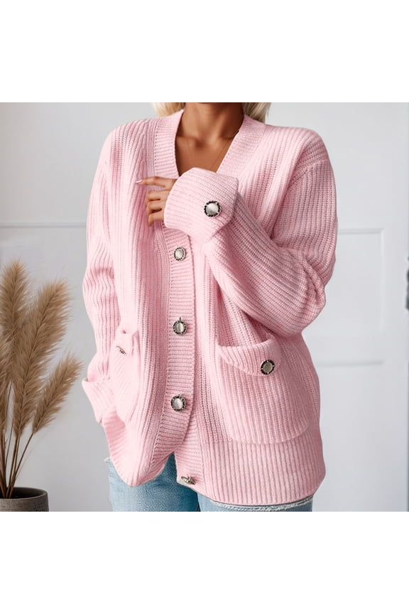 Womens Long Sleeve Button Loose Short Cardigan Outerwear Coats Chunky Knit Open Front Sweater Pink XL