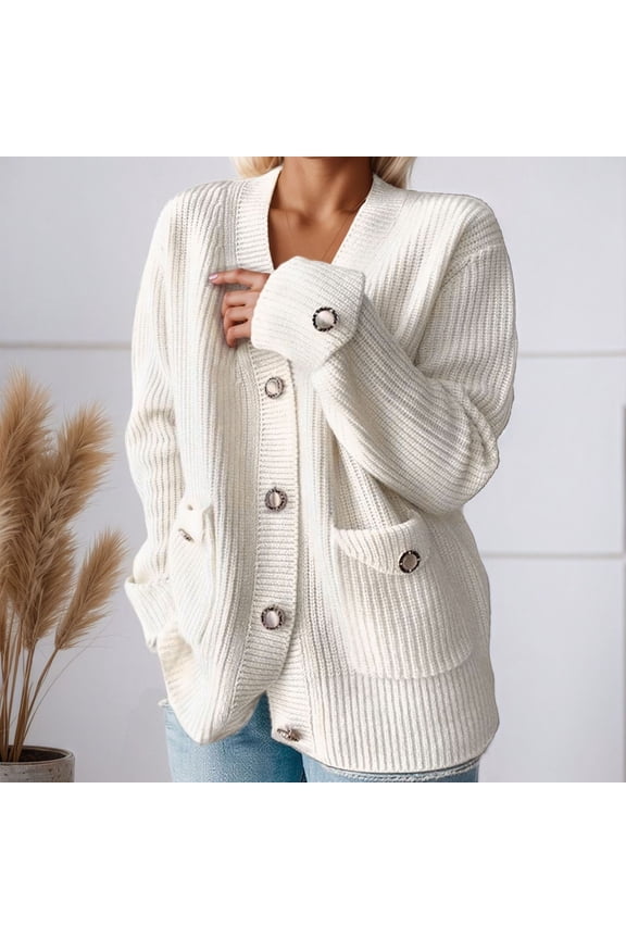 Womens Long Sleeve Button Loose Short Cardigan Outerwear Coats Chunky Knit Open Front Sweater White L