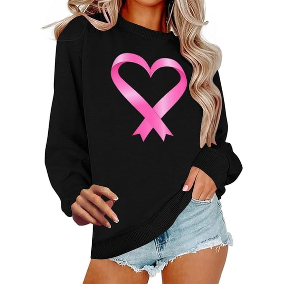 SEAOPEN Womens Pink Ribbon Long Sleeve Shirt Breast Cancer Awareness Sweatshirt Cancer Fight Tops Casual Pullover Black S