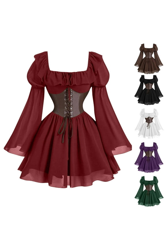 Womens Victorian Gothic Dress Halloween Witch Renaissance Medieval Costume Patchwork Bell Sleeve Lace-Up Corset Dress Army Green,S