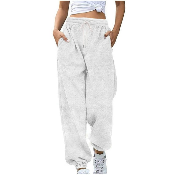 SEAOPEN Womens Winter Warm Fleece Pants Jogger Track Pants Athletic Active Lounge Pants Sherpa Lined Sweatpants White L