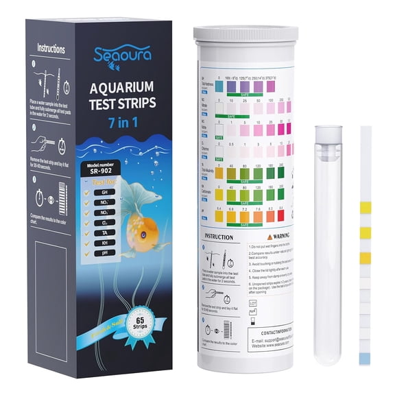 SEAOURA 7-in-1 Aquarium Test Kit - 65 Strips for Fish Tanks & Ponds, Tests pH, Nitrate, Nitrite, Chlorine, Hardness, Alkalinity, Carbonate - Accurate & Fast Water Testing Strips