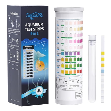 SEAOURA 9-in-1 Aquarium Test Kit - 65 Strips for Fish Tanks & Ponds, Tests pH, Nitrate, Nitrite, Chlorine, Hardness, Alkalinity, Iron, Copper, Carbonate - Accurate & Fast Water Testing Strips