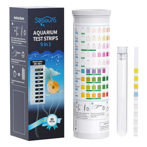 SEAOURA 9-in-1 Aquarium Test Kit - 65 Strips for Fish Tanks & Ponds, Tests pH, Nitrate, Nitrite, Chlorine, Hardness, Alkalinity, Iron, Copper, Carbonate - Accurate & Fast Water Testing Strips