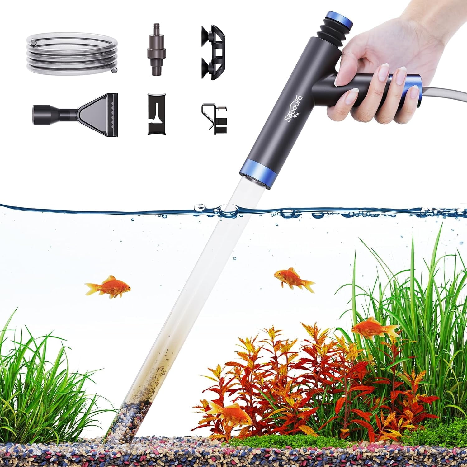 SEAOURA Aquarium Gravel Cleaner & Water Changer - Manual Siphon Vacuum Pump with Air Push Button, Fish Tank Sand Cleaner Kit for Sand/Gravel (Includes Hose & Accessories)