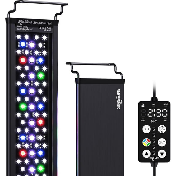 SEAOURA LED Aquarium Light - 7-Row Full Spectrum, 8 Colors & 20 Brightness, Custom Timer for Plant Growth,Day/Night Cycle, Adjustable Mount (48-54in, 48W, IP68)