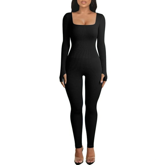 SEARCHI Women Yoga Jumpsuits Piece Workout Ribbed Long Sleeve Rompers Square Neck Sport Exercise Jumpsuits