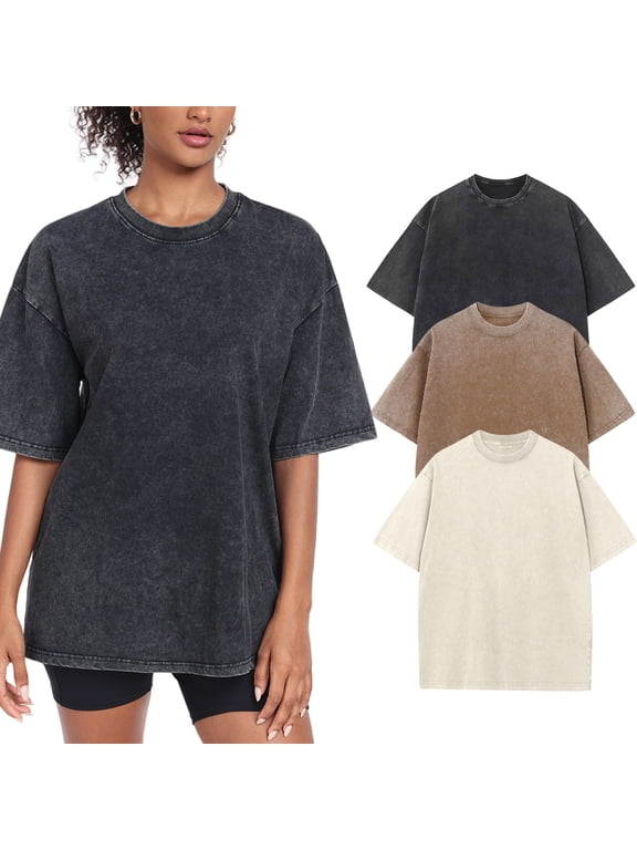 3 Pack Womens Washed Vintage Oversized T-Shirt Casual Baggy Streetwear Boyfriend Tee Workout Short Sleeve Cotton Tops