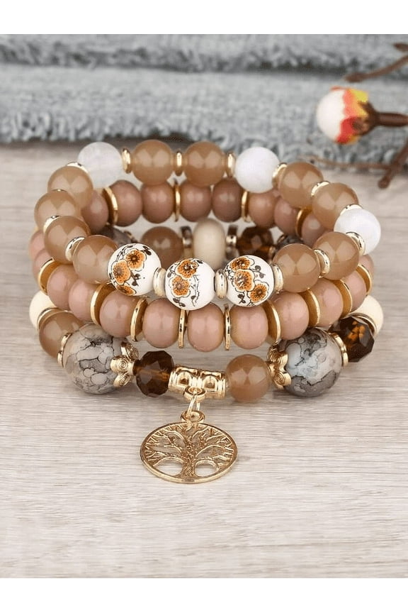 3 Pcs Beaded Bracelets Set Tree Charm Jewelry Boho Multilayer Stackable Bracelets for Women Girls Coffee