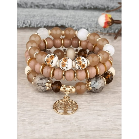 SEARIPE 3 Pcs Beaded Bracelets Set Tree Charm Jewelry Boho Multilayer Stackable Bracelets for Women Girls Coffee
