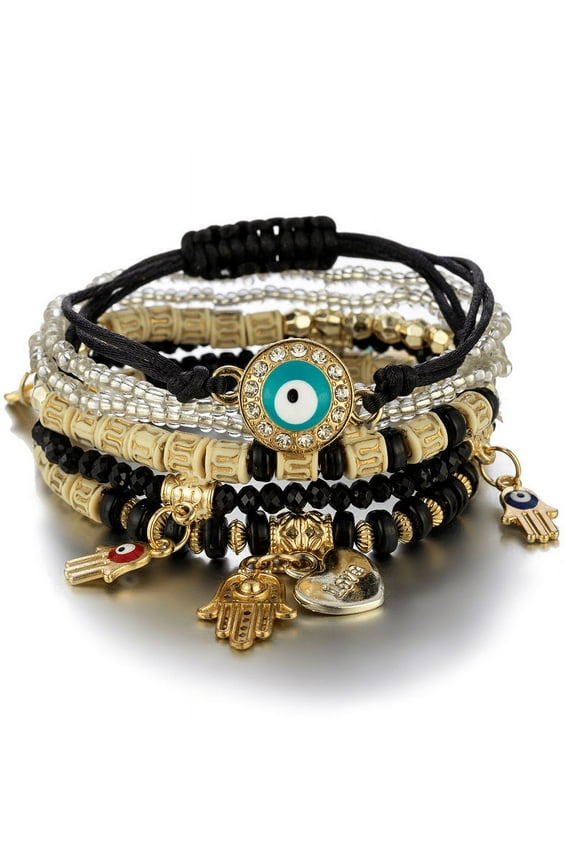 6 Pcs Beaded Bracelets Jewelry Rhinestone Eye Hand Decor Boho Multilayer Stackable Bracelets for Women Girls Black