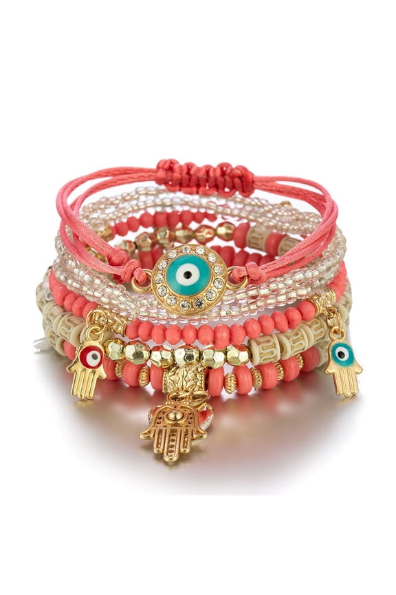 6 Pcs Beaded Bracelets Jewelry Rhinestone Eye Hand Decor Boho Multilayer Stackable Bracelets for Women Girls Coral Pi