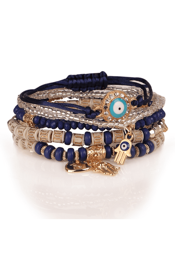 6 Pcs Beaded Bracelets Jewelry Rhinestone Eye Hand Decor Boho Multilayer Stackable Bracelets for Women Girls Navy Blue