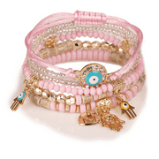 SEARIPE 6 Pcs Beaded Bracelets Jewelry Rhinestone Eye Hand Decor Boho Multilayer Stackable Bracelets for Women Girls Pink