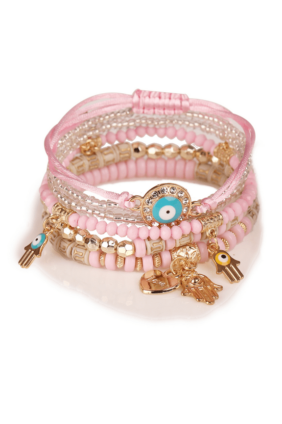 6 Pcs Beaded Bracelets Jewelry Rhinestone Eye Hand Decor Boho Multilayer Stackable Bracelets for Women Girls Pink