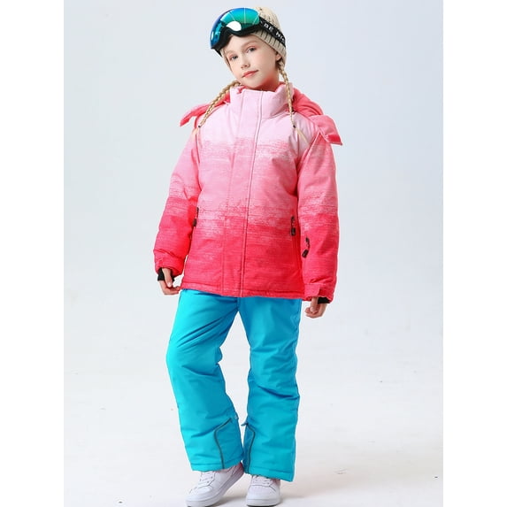SEARIPE Girl's Winter Skisuit Set, Winter Thicken Warm Hooded Ski Jacket Pants Set Softshell Windproof Waterproof Royal Blue US6