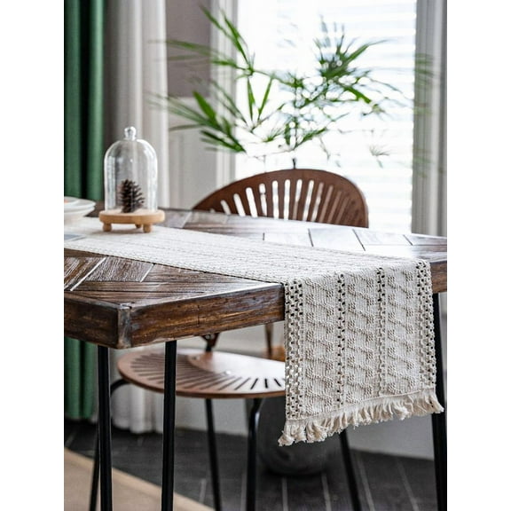 SEARIPE Macrame Table Runners with Tassels, Cotton Linen Boho Table Runner for Wedding Bridal Shower Kitchen Dining Home Decor 12"x79"
