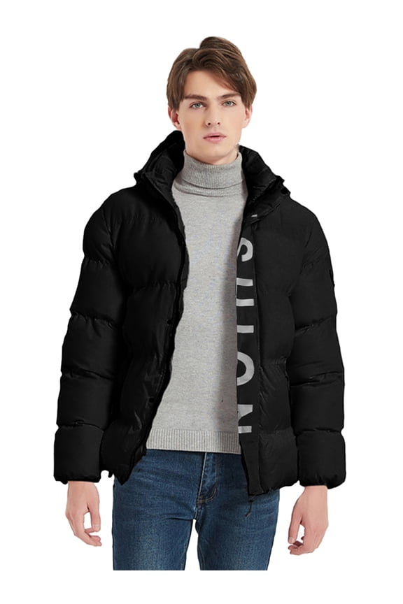 Men's Down Jacket Coat Solid Hooded Letter Printing Insulated Jacket with Pocket Black XL