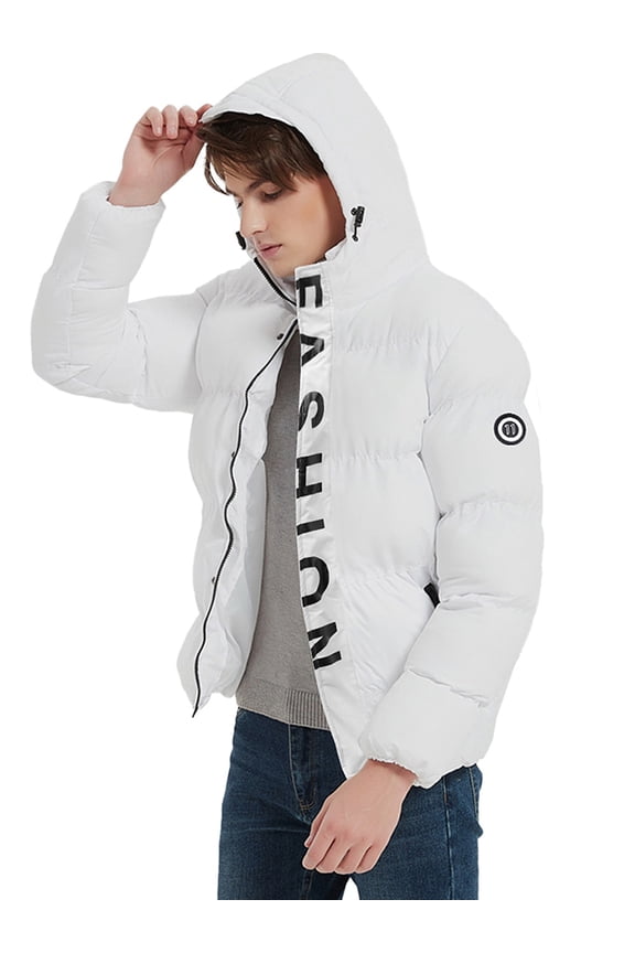 Men's Down Jacket Coat Solid Hooded Letter Printing Insulated Jacket with Pocket White L